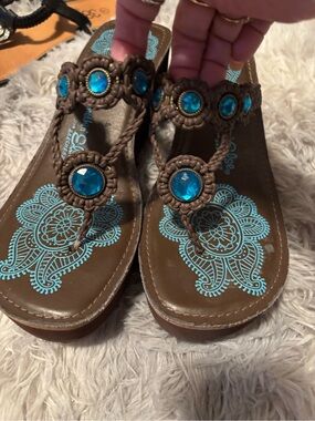 Sketchers Brown Thong Sandals with Blue Jewel Accents - Women